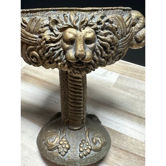 Lion Head Pedestal Chalice Urn Goblet Old World Tuscan Style Gold Resin Decor - Picture 5 of 8